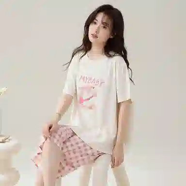 睦隆世家 短袖纯棉可外穿七分裤拉架爽棉甜美家居服睡衣套装 女款