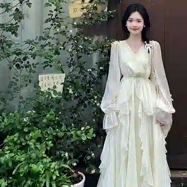 桴生 法式甜美温柔风荷叶边收腰气质时尚休闲简约舒适百搭长袖连衣裙 女款