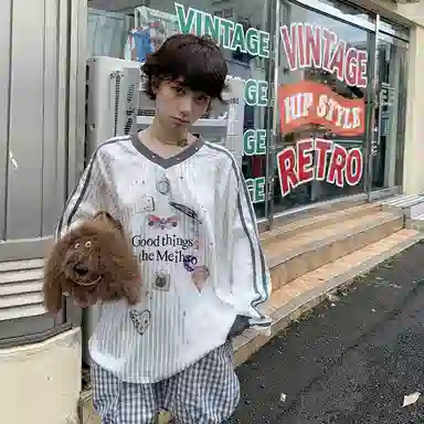花蔓色 美式时尚休闲印花球衣可爱卡通长袖拼接插肩宽松卫衣 女款 白色 精美礼盒装