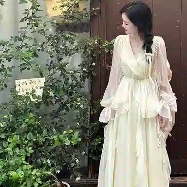 桴生 法式甜美温柔风荷叶边收腰气质时尚休闲简约舒适百搭长袖连衣裙 女款