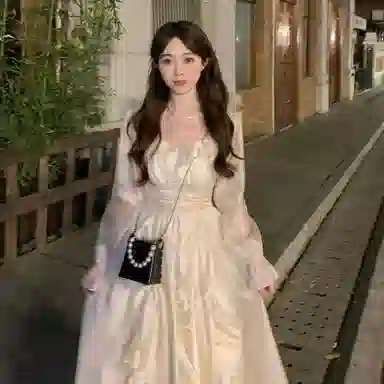 玉儿恋 掌上明珠 法式百搭休闲简约甜美森系仙女荷叶边纯色宽松气质方领收腰温柔仙女中长款长袖连衣裙 女款 杏色