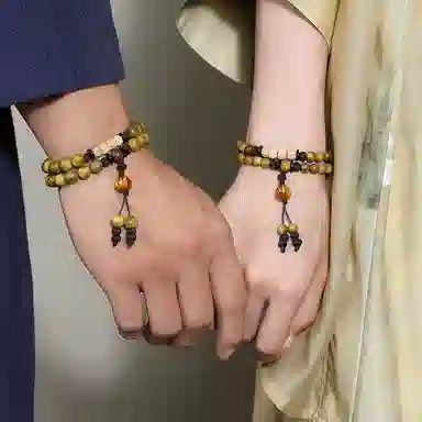 饰伴 绿檀香木  国潮新中式森系檀木佛珠新中式国风檀香莲花转运珠多圈叠戴 手链 男女同款情侣款