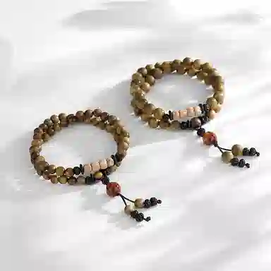 饰伴 绿檀香木  国潮新中式森系檀木佛珠新中式国风檀香莲花转运珠多圈叠戴 手链 男女同款情侣款