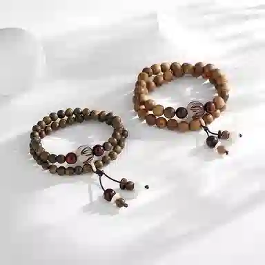 饰伴 绿檀香木  国潮新中式森系檀木佛珠新中式国风檀香莲花转运珠多圈叠戴 手链 男女同款情侣款