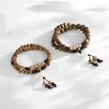 饰伴 绿檀香木  国潮新中式森系檀木佛珠新中式国风檀香莲花转运珠多圈叠戴 手链 男女同款情侣款