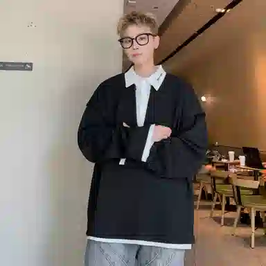 悍戈 美式复古简约宽松假两件字母刺绣长袖通勤卫衣 男女同款