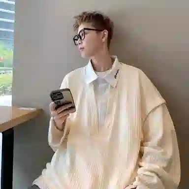 悍戈 美式复古简约宽松假两件字母刺绣长袖通勤卫衣 男女同款