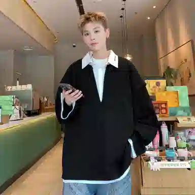 悍戈 美式复古简约宽松假两件字母刺绣长袖通勤卫衣 男女同款