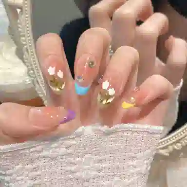 韵月乔 春夏手绘油画郁金香  穿戴甲 椭圆马卡龙色裸色 可爱