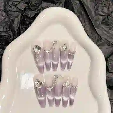 韵月乔 紫玉瑶光纯手工猫眼高级感  穿戴甲 尖型紫色渐变 爆闪