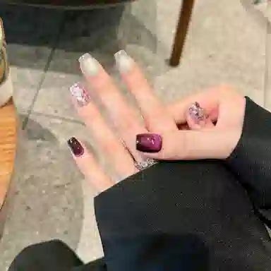 韵月乔 星黛清冷贵气感  穿戴甲 杏仁短短梯紫色纯色 亮片