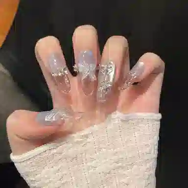 韵月乔 蝶梦蓝海春夏冰透立体蝴蝶猫眼清新美甲纯手工  穿戴甲 椭圆蓝色渐变 纯欲