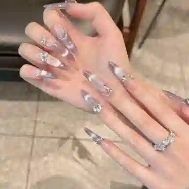 韵月乔 紫玉瑶光纯手工猫眼高级感  穿戴甲 尖型紫色渐变 爆闪