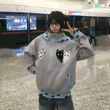 玉儿恋 美式复古星星猫咪刺绣设计感宽松百搭情侣连帽秋冬开衫外套卫衣 男女同款