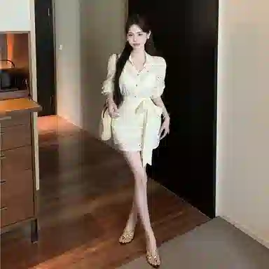 木清清 法式长袖衬衫气质高腰收腰绑带半身裙裙装套装 女款