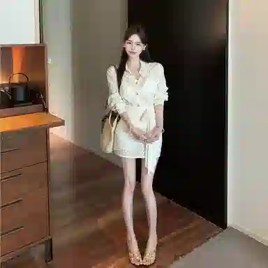 木清清 法式长袖衬衫气质高腰收腰绑带半身裙裙装套装 女款