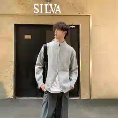 悍戈 韩版秋冬双拉链开衫 柔软亲肤立领慵懒百搭针织衫 男女同款