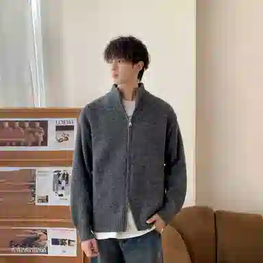 悍戈 韩版秋冬双拉链开衫 柔软亲肤立领慵懒百搭针织衫 男女同款
