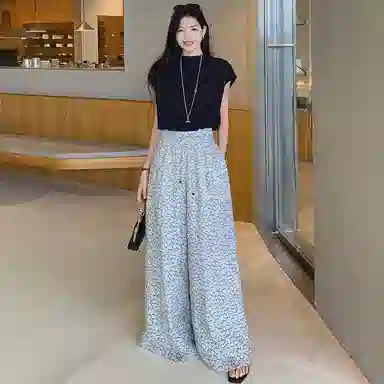 美洋 花纱色织涂鸦手绘慵懒宽松阔腿休闲裤 女款 米色