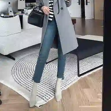 美洋 金豆子加绒牛仔裤女高腰柔弹暖奥粒绒九分小脚铅笔裤 女款