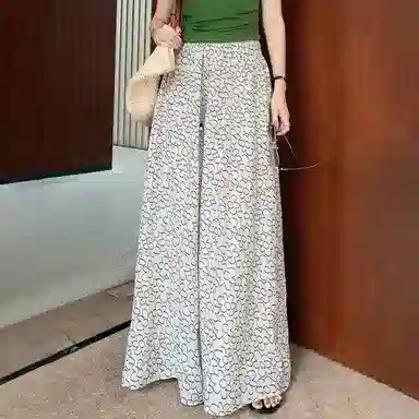 美洋 花纱色织涂鸦手绘慵懒宽松阔腿休闲裤 女款 米色