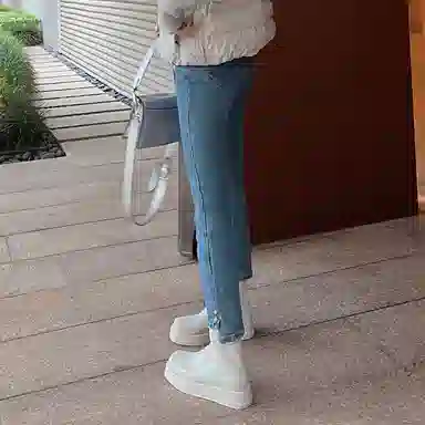 美洋 金豆子加绒牛仔裤女高腰柔弹暖奥粒绒九分小脚铅笔裤 女款