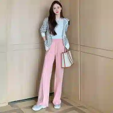 美洋 樱花休闲裤 清丽高腰抽绳垂感直筒阔腿休闲拖地长裤 女款 粉色