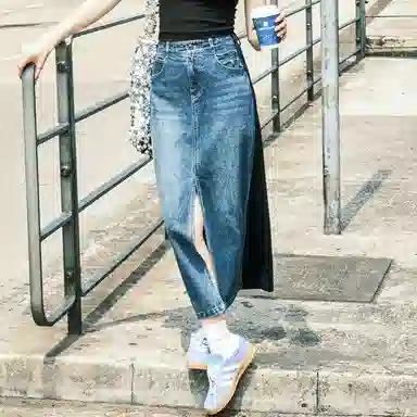 美洋 双生牛仔裙 小众拼接卫裙松紧腰前开叉直筒牛仔长裙 女款 蓝色