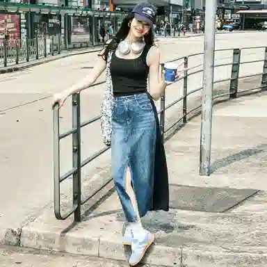 美洋 双生牛仔裙 小众拼接卫裙松紧腰前开叉直筒牛仔长裙 女款 蓝色