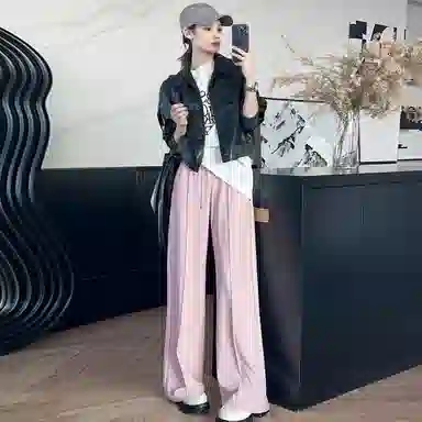 美洋 樱花休闲裤 清丽高腰抽绳垂感直筒阔腿休闲拖地长裤 女款 粉色