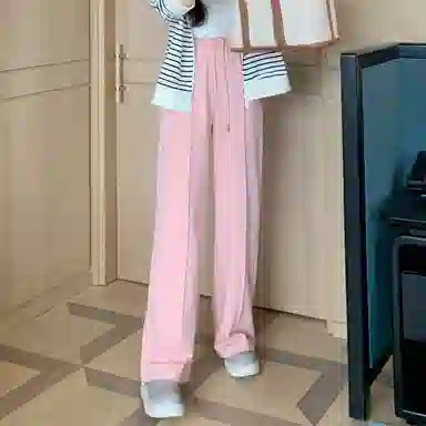 美洋 樱花休闲裤 清丽高腰抽绳垂感直筒阔腿休闲拖地长裤 女款 粉色
