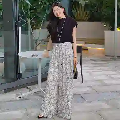 美洋 花纱色织涂鸦手绘慵懒宽松阔腿休闲裤 女款 米色