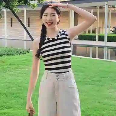 美洋  醋酸针织条纹圆领弹力背心 女款 黑白条