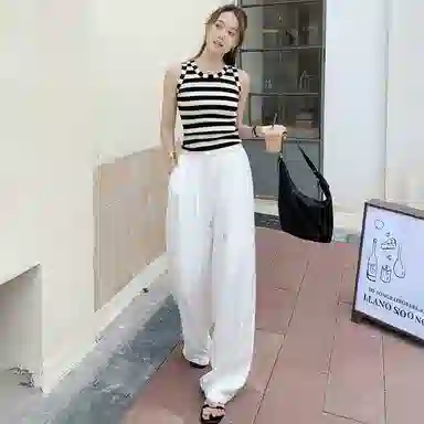 美洋  醋酸针织条纹圆领弹力背心 女款 黑白条