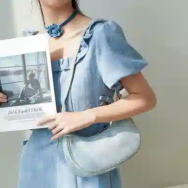 JANE KLAIN Denim Crescent Bag Small Light Blue