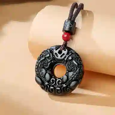 印象眸 平安扣 新中式八方来财锁骨链简约轻奢多财多福瑞兽貔貅玉石吊坠 礼盒包装#好运 黑曜石 项链 男女同款情侣款