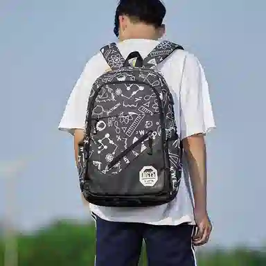 木村耀司 休闲百搭大容量通勤潮流多功能旅游 牛津纺 双肩包书包旅行包电脑包背包 常规 男女同款情侣款 涂鸦/机器人