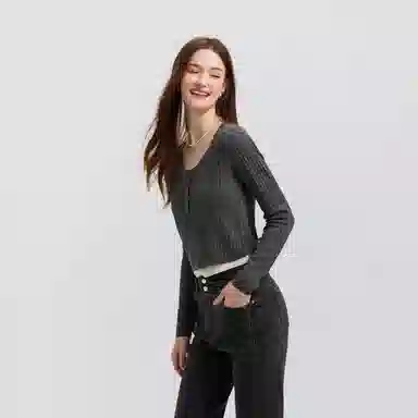 森马 短款假两件正肩绞花针织衫 女款