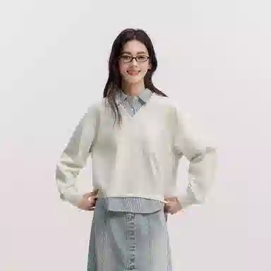 森马 假两件条纹翻领开叉卫衣 女款