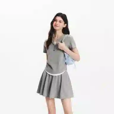 森马 短款假两件上衣松紧腰纯色伞裙裙装套装 女款