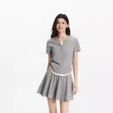 森马 短款假两件上衣松紧腰纯色伞裙裙装套装 女款