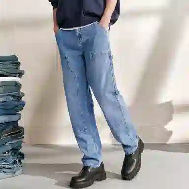 森马 潮流拼接工装长裤宽松直筒裤设计感复古风牛仔裤 男款
