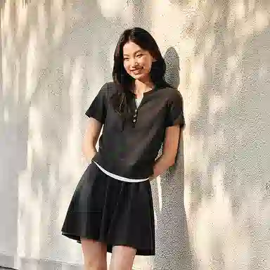 森马 短款假两件上衣松紧腰纯色伞裙裙装套装 女款