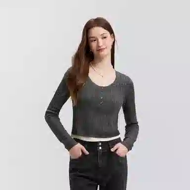 森马 短款假两件正肩绞花针织衫 女款