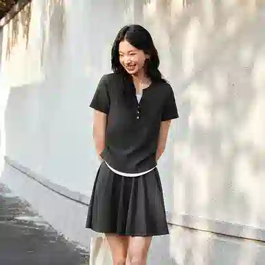 森马 短款假两件上衣松紧腰纯色伞裙裙装套装 女款