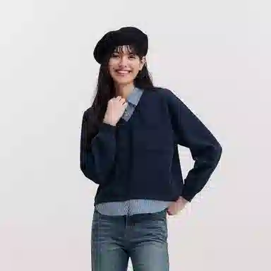 森马 假两件条纹翻领开叉卫衣 女款