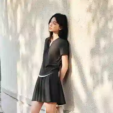 森马 短款假两件上衣松紧腰纯色伞裙裙装套装 女款