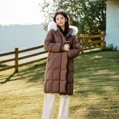 森马 纯色长款毛领连帽宽松羽绒服 女款