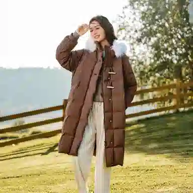 森马 纯色长款毛领连帽宽松羽绒服 女款