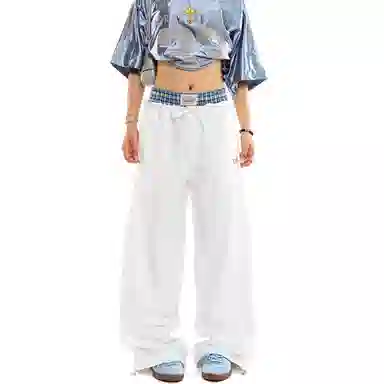 悍戈 美式复古格子拼接双腰头宽松运动阔腿裤休闲裤 男女同款